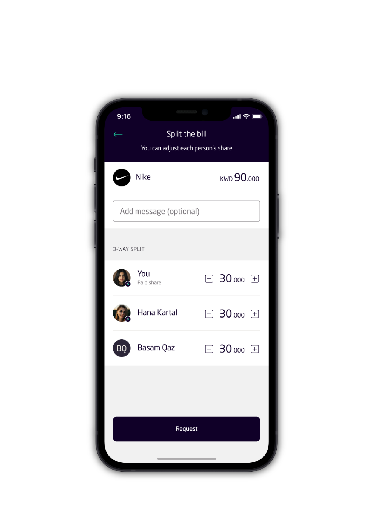 split the bill screen